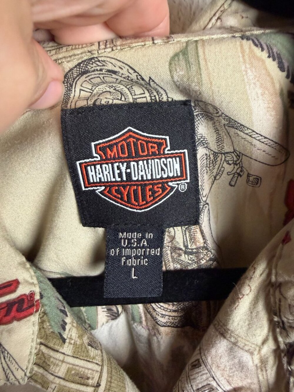 Vintage Harley Davidson Men's Size L Hawaiian Button Down Shirt Tan Biker Vacay - Picture 2 of 6